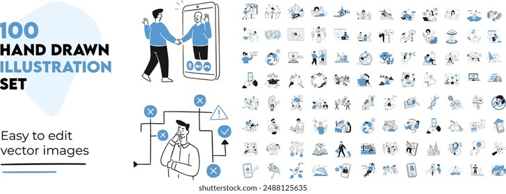 Hand-drawn illustration set. Mega set. Collection of scenes with men and women participating in business activities, educational activities, and entertainment. Vector illustration.