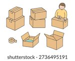 Hand-drawn illustration set of moving packing and cardboard boxes