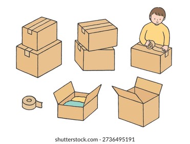Hand-drawn illustration set of moving packing and cardboard boxes