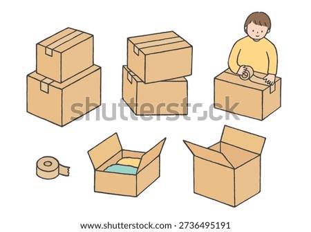 Hand-drawn illustration set of moving packing and cardboard boxes