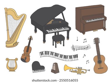 Handgezeichnete Illustration von Musikinstrumenten wie Klavier und Violine