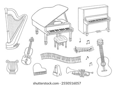 Handgezeichnete Illustration von Musikinstrumenten wie Klavier und Violine