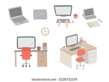 Conjunto de ilustrações desenhado à mão de mesa de escritório e computador etc.