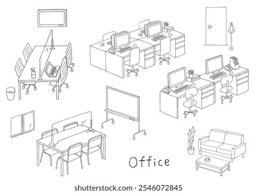 Hand-drawn illustration set of office desks, conference rooms, and reception spaces