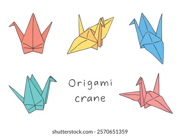 Hand-drawn illustration set of origami cranes