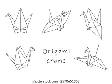 Hand-drawn illustration set of origami cranes