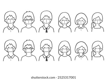 Hand-drawn illustration set of people wearing masks