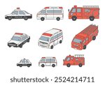 Hand-drawn illustration set of police cars, ambulances, and fire trucks