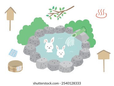 Hand-drawn illustration set of rabbits taking a hot spring bath