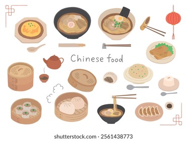 Hand-drawn illustration set of ramen and Chinese food