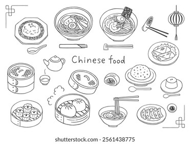 Hand-drawn illustration set of ramen and Chinese food