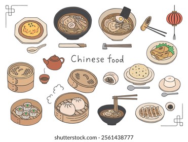 Hand-drawn illustration set of ramen and Chinese food