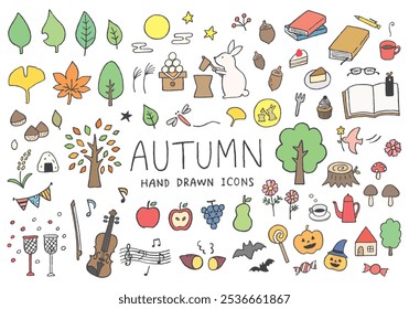 Hand-drawn illustration set related to autumn