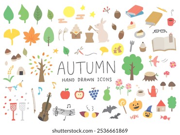 Hand-drawn illustration set related to autumn