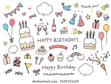 Hand-drawn illustration set related to birthdays