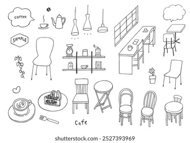 Hand-drawn illustration set related to cafes