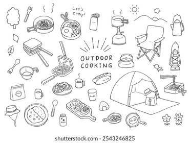 Hand-drawn illustration set related to camping and outdoor cooking