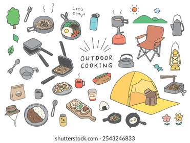 Hand-drawn illustration set related to camping and outdoor cooking