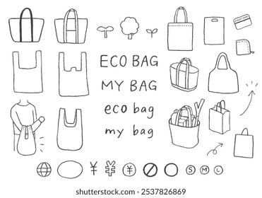 Conjunto de ilustrações desenhado à mão relacionado a sacos ecológicos