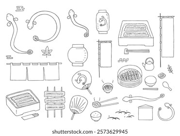 Hand-drawn illustration set related to eel