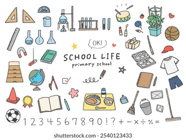 Conjunto de ilustrações desenhadas à mão relacionadas a aulas do ensino fundamental