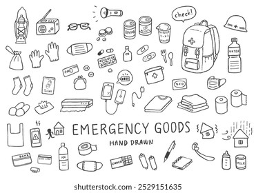 Hand-drawn illustration set related to emergency goods