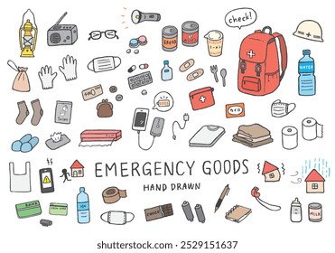 Conjunto de ilustración dibujado a mano relacionado con productos de emergencia