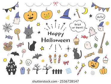 Hand-drawn illustration set related to Halloween