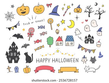 Hand-drawn illustration set related to Halloween