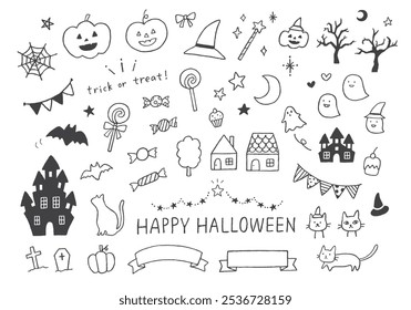 Hand-drawn illustration set related to Halloween