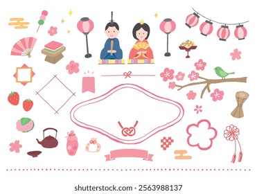 Hand-drawn illustration set related to Hinamatsuri