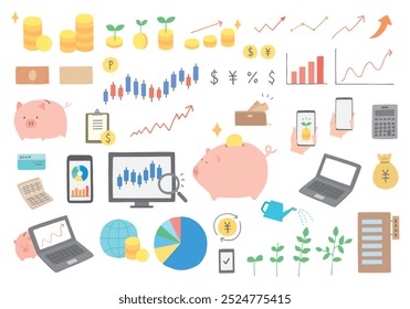 Hand-drawn illustration set related to investment and money
