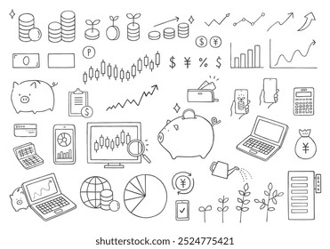 Hand-drawn illustration set related to investment and money