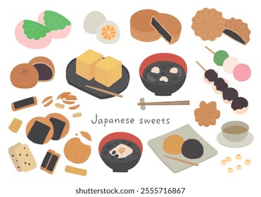 Hand-drawn illustration set related to Japanese sweets