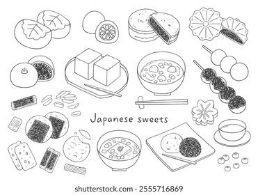 Hand-drawn illustration set related to Japanese sweets