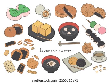 Hand-drawn illustration set related to Japanese sweets