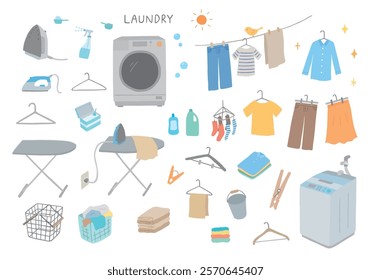 Hand-drawn illustration set related to laundry