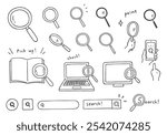 Hand-drawn illustration set related to magnifying glass and search