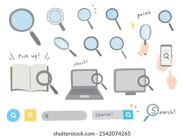 Hand-drawn illustration set related to magnifying glass and search