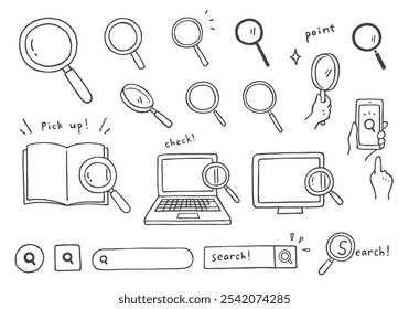 Hand-drawn illustration set related to magnifying glass and search