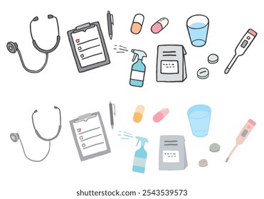 Hand-drawn illustration set related to medical examinations and medicine