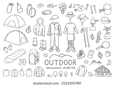 Hand-drawn illustration set related to mountain climbing and outdoor activities