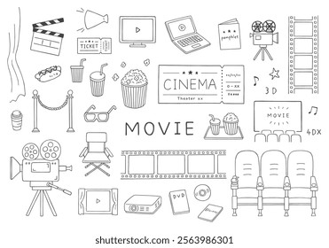 Hand-drawn illustration set related to movies