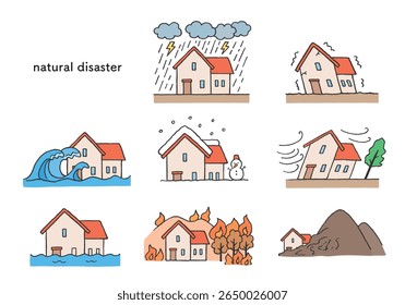 Conjunto de ilustrações desenhadas à mão relacionadas a desastres naturais