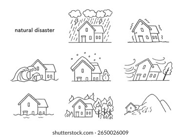 Conjunto de ilustrações desenhadas à mão relacionadas a desastres naturais