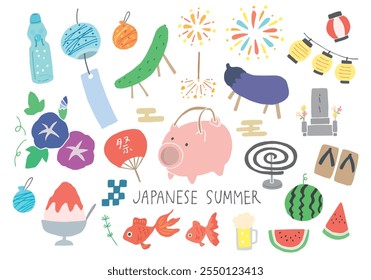 Hand-drawn illustration set related to Obon