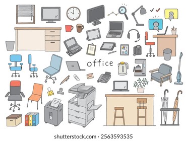 Hand-drawn illustration set related to offices