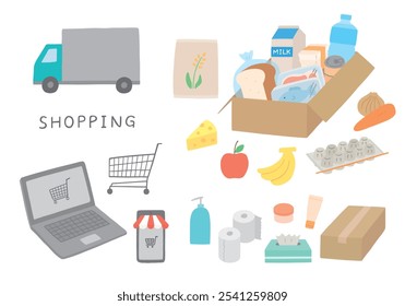 Hand-drawn illustration set related to online supermarkets