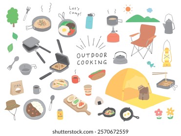 Hand-drawn illustration set related to outdoor cooking