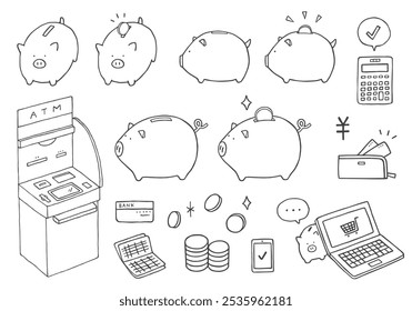 Hand-drawn illustration set related to pig piggy bank and money